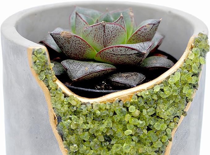 4 Inch Crystal Plant Pot with Saucer - Cement Geode Planter - Concrete Pots for Plants - Modern Succulent Pot Indoor - Unique Air Plant Holder - Candle Holder - Small Plant Home Decor (Green Peridot)