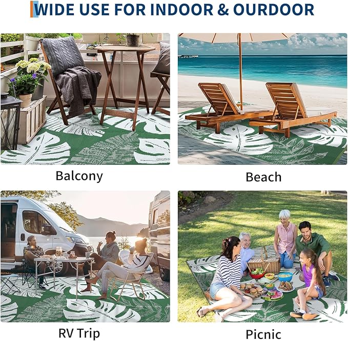 COZYLOOM Outdoor Rug 8x10 Patio Waterproof Plastic Straw Rug Reversible UV Resistant Camping Mat, Foldable Lightweight RV Picnic Mat with Portable Bag, Modern Outdoor Carpet for Yard, Green