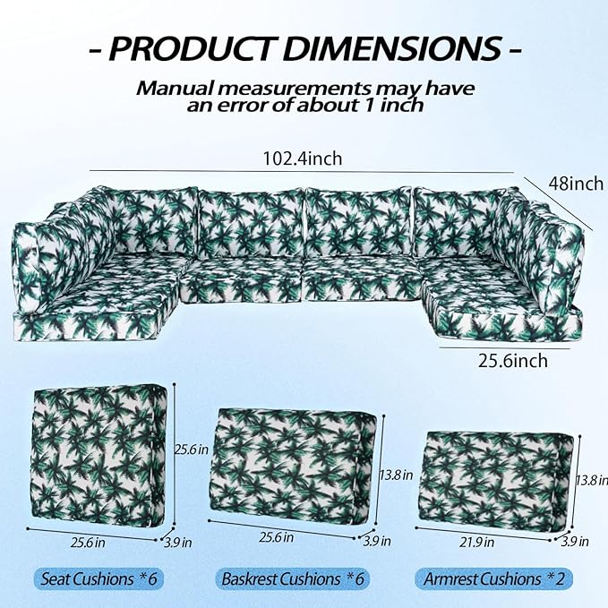 Patio Furniture Cushions,14Pieces Water-Resistant Outdoor Replacement Cushions,Sectional Sofa Cushions for Fits 6-Seats Rattan Wicker Patio Conversation Sets(Palm Leaves)