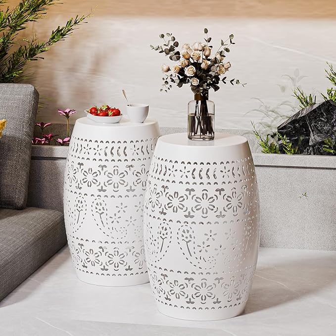 VINGLI Outdoor Iron Side Table, Patio End Table Anti-Rust Metal Round Drum Garden Stool Plant Stand Indoor Iron Accent Table for Patio Deck Porch Living Room (White)