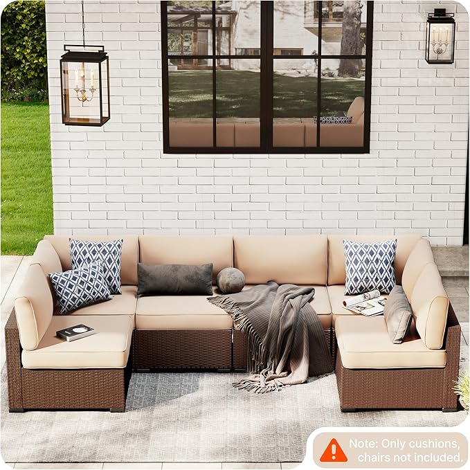SUNCOZE 14-Piece Outdoor Cushions for Patio Furniture, 25.6"x25.6" Couch Cushion Replacement Designed for 6-Seat Sectional Sofa Sets, Anti-Slip Patio Cushions for Garden, Backyard, Porch (Khaki)