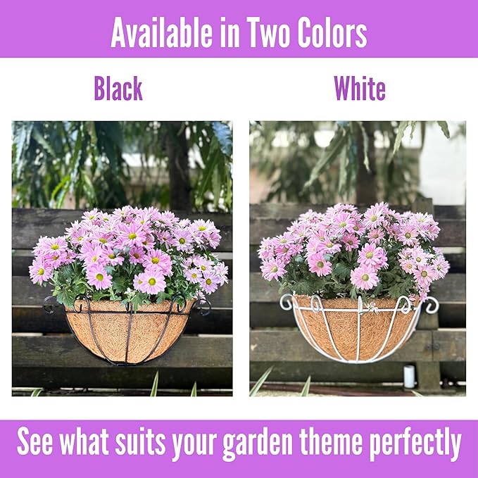 Shoplala Wall Planters for Outdoor Plants (4 Pack, 10 Inch) Metal Black Wire Flower Baskets with Coco Liner, Fence Hanging Planter Balcony Over Deck Porch Railing Rail Patio Modern Herb Outside Garden