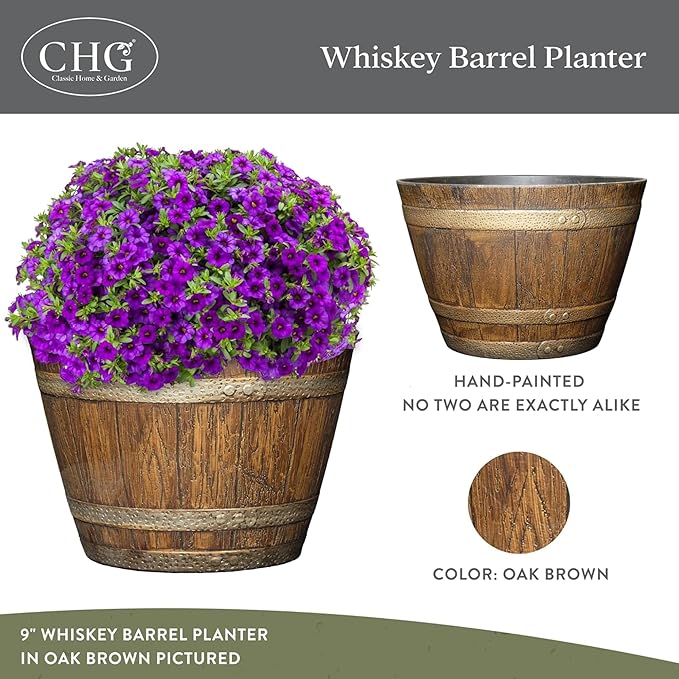Classic Home and Garden Whiskey Plastic Resin Flower Pot Barrel Planter, Walnut Brown, 20.5" (Pack of 4)