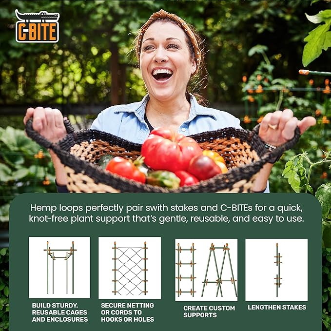 Locking Hemp Plant Tie Loops | Secure Vines and Branches to Stakes and C-Bites | Gentle Gardening Support for Climbing Plants and Vines | Durable and Reusable (100 Pack)