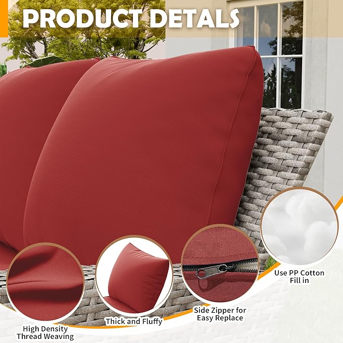 Amopatio Outdoor Cushions for Patio Furniture, Outdoor Chair Cushions Fits 8-seat Sectional Conversation Sets, Patio Replacement Seat Cushion for Patio Chairs (Burgundy)