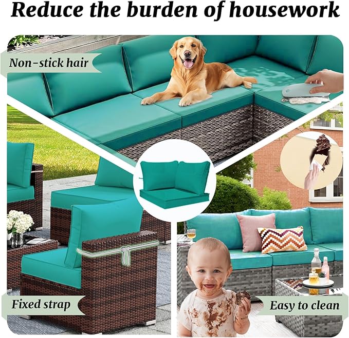 Outdoor Sectional Cushions Replacement Set, 26x26in Patio Furniture Cushions, 14 Pieces Waterproof Outdoor Couch Cushion for 6 Seat Wicker Conversation (Lake Blue)