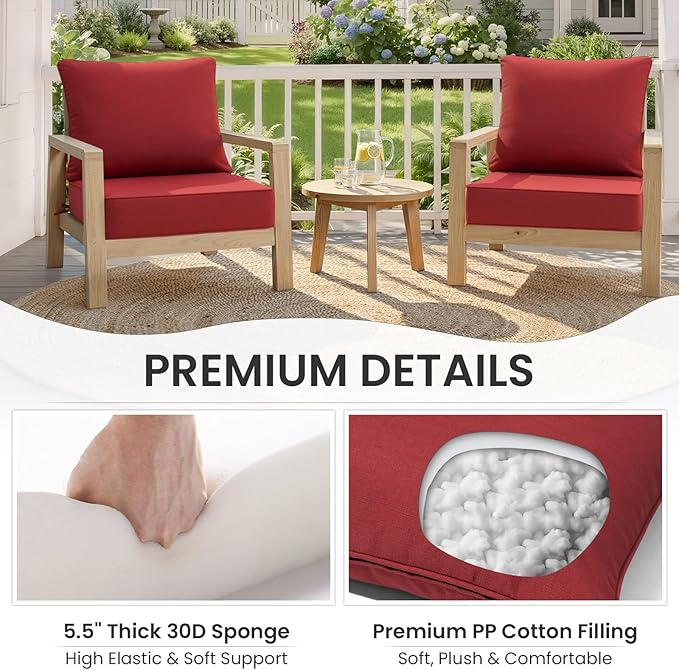 Crestlive 5.5" Outdoor Cushion for Patio Furniture Set of 2, 24 x 24, Waterproof and Fade-Resistant Deep Seat Cushions for Chair, Wicker Sofa and Couch, Chili