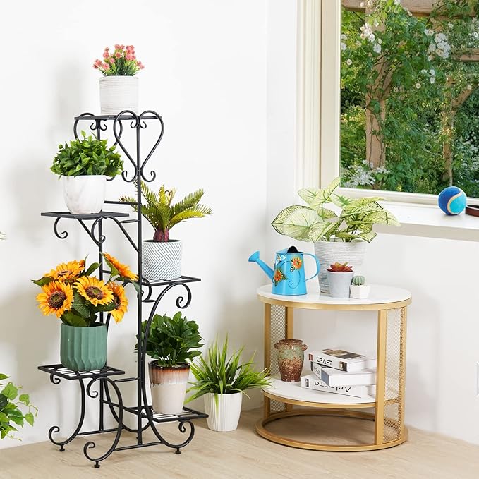 unho Tall Metal Plant Stand: 5 Tiered Flower Pot Rack with Square Shelves Indoor Display Storage Holder for Patio Garden Balcony Livingroom Decor (Black)