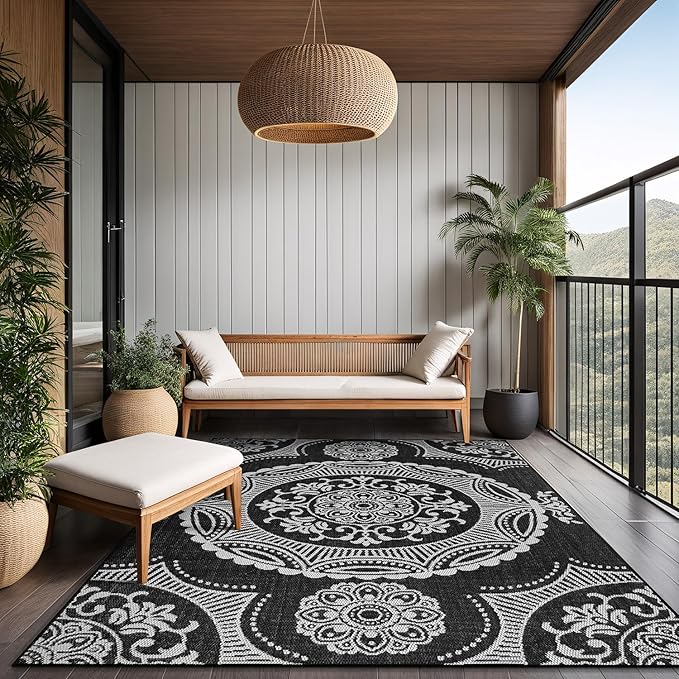 Medallion Outdoor Rug 10x14 Washable Outside Carpet for Indoor Patio Porch Waterproof Easy Cleaning Non Shedding Area Rugs Black 10 x 14