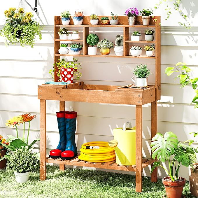 Giantex Potting Bench, Outside Solid Wood Potting Table with Flip-up Tabletop, Shelves, Indoor Outdoor Wooden Workbench for Patio Porch Balcony, Potted Plant Display Rack, 42"x18"x60", Brown