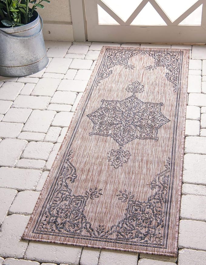 Unique Loom Outdoor Traditional Collection Area Rug - Antique (2' x 6' 1" Runner, Beige/ Black)