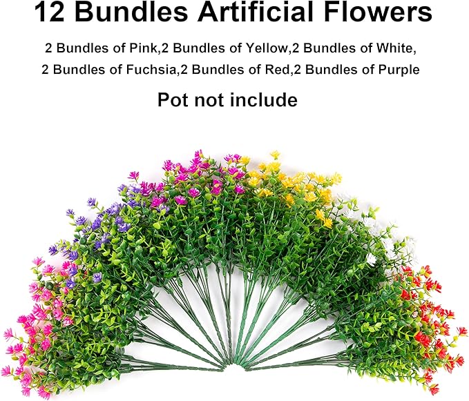 Ivydale Artificial Fake Flowers Plants for Outdoors Indoor Decoration, 12 Bundles Faux Plastic Mix-Colored Daisy Flowers UV Resistant Faux Mums Greenery Bushes Shrubs for Home Porch Patio Garden