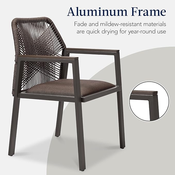 Best Choice Products Outdoor Dining Arm Chair Set of 2, Aluminum Frame with Armrest, All-Weather Woven Rope Chair Design - Brown/Mocha