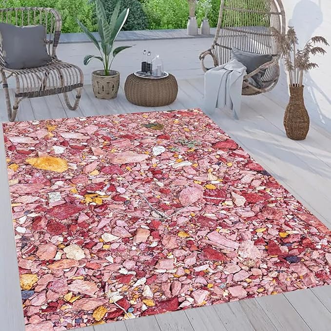 Pink Irregular Gravels Waterproof Outdoor Rug 5x8 Ultra Thin Non Skid Washable Easy Clean Durable Rugs for Backyard Balcony Garden Camping Pool Patios Deck Natural Indoor Outside Carpets