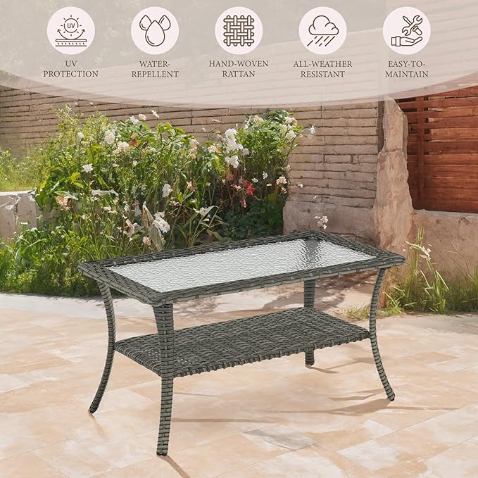Patio Coffee Table Wicker Table Outdoor PE Rattan Glass Top Table with Storage Shelf Rectangle Patio Outdoor Coffee Table for Patio Garden Balcony Porch Deck Poolside, Grey