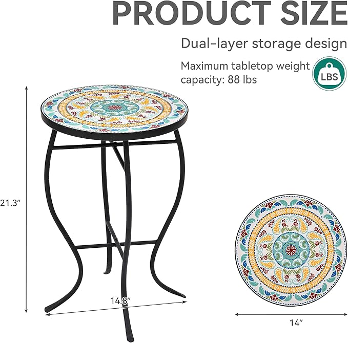 Side Table Outdoor, Mosaic Patio Table Plant Stand, 22" H Iron Coffee End Table,Weather Resistant Tile Top Metal Drink Bar Table for Indoor Garden Balcony Yard Bistro Balcony
