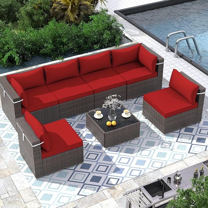 Outdoor Sectional Cushions Replacement Set, 26x26in Patio Furniture Cushions, 14 Pieces Waterproof Outdoor Couch Cushion for 6 Seat Wicker Conversation (Red)