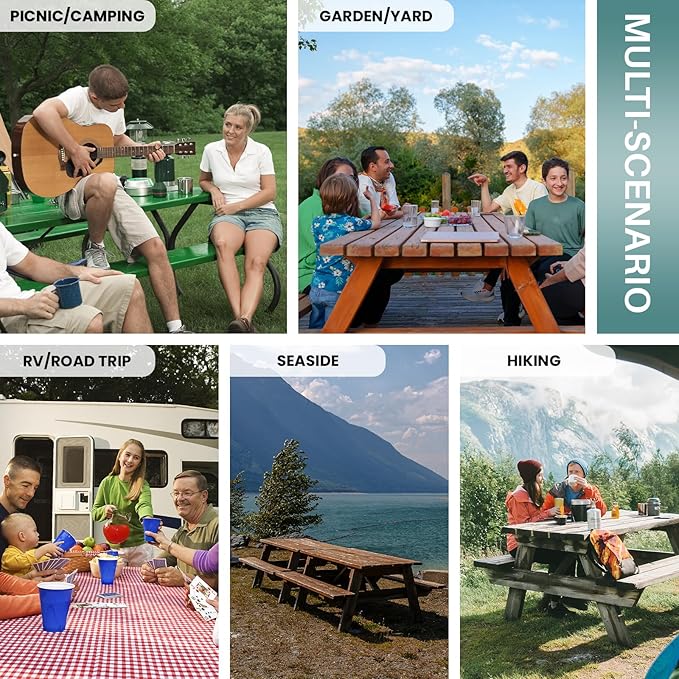 Fitted 8Ft Picnic Table Cover with Chair Covers Elastic Polyester Stain Resistant Reusable Camping Table Cloth Patio Family Glamping Things Hiking Rv Traveling Needs Gifts for Grandparents