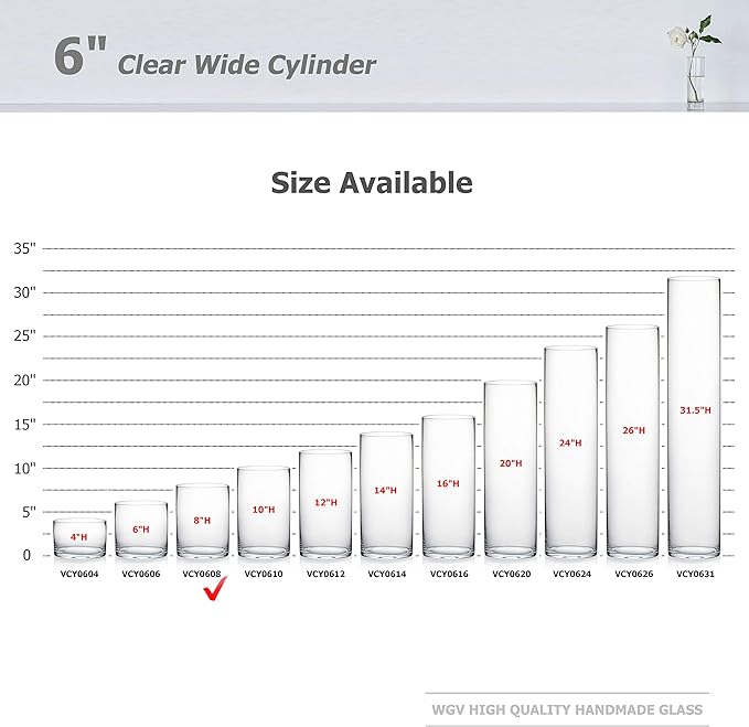 WGV Cylinder Vase Bulk, Width 6", Height 8", Clear Glass Container Terrarium Candle Holder for Wedding Centerpiece, Party Event, Home Office Decor, 6 Pieces