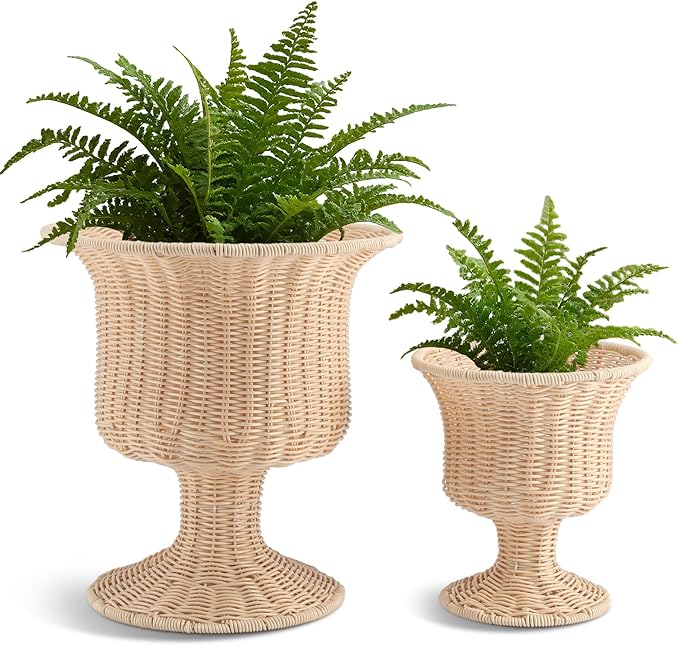 2 Pcs Rattan Indoor Outdoor Planter Basket Woven Decorative Storage Basket and Planter for Porch Patio Backyard Home Garden, 13 x 13 x 14.17 Inches, 8.66 x 8.66 x 9.45 Inches