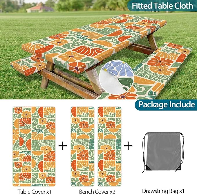 Picnic Table Covers with Bench Covers Boho Patchwork Orange Green Flower Pattern Camping Tablecloth Fitted Picnic Table Cover with Elastic Windproof Waterproof, Camping Accessories Outdoor, 72In 3PCS