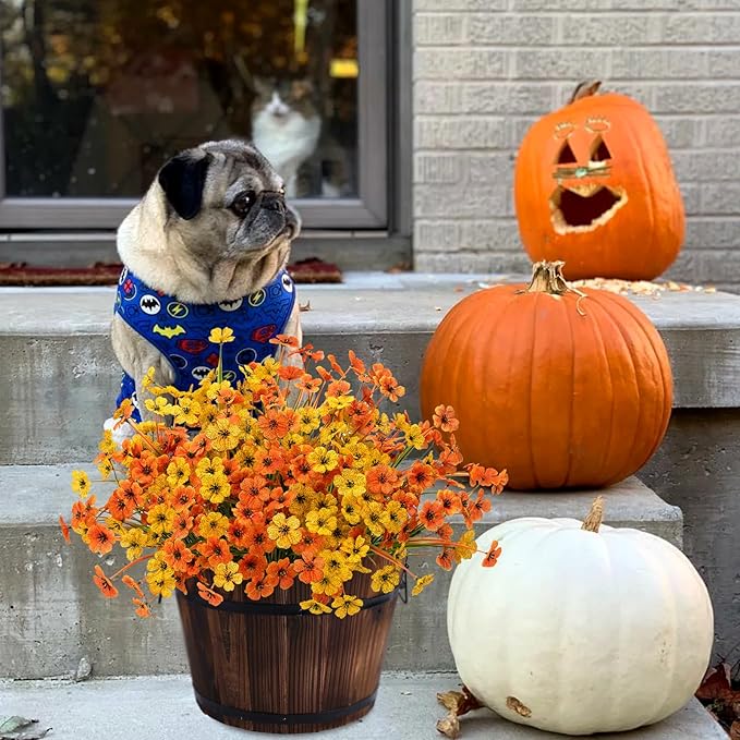 Artificial Mums Fall Fake Flowers for Outdoors, 12 Bundles Faux Mums for Outdoor Planters Autumn Decorations,UV Resistant Silk Flowers for Front Porch Garden Patio Home Decor(Fall-Orange Yellow)