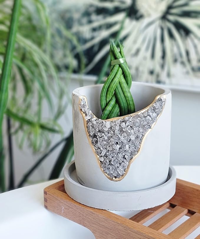 4 Inch Crystal Plant Pot with Saucer - Cement Geode Planter - Concrete Pots for Plants - Modern Succulent Pot Indoor - Unique Air Plant Holder - Candle Holder - Small Plant Home Decor (Smoky Quartz)