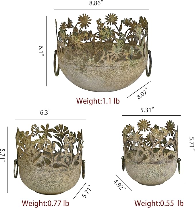 3-Piece Vintage Metal Floral Cutout Planter Set, Rustic Garden Flower Pots for Indoor Outdoor Decor, Distressed Bronze Planters with Handles
