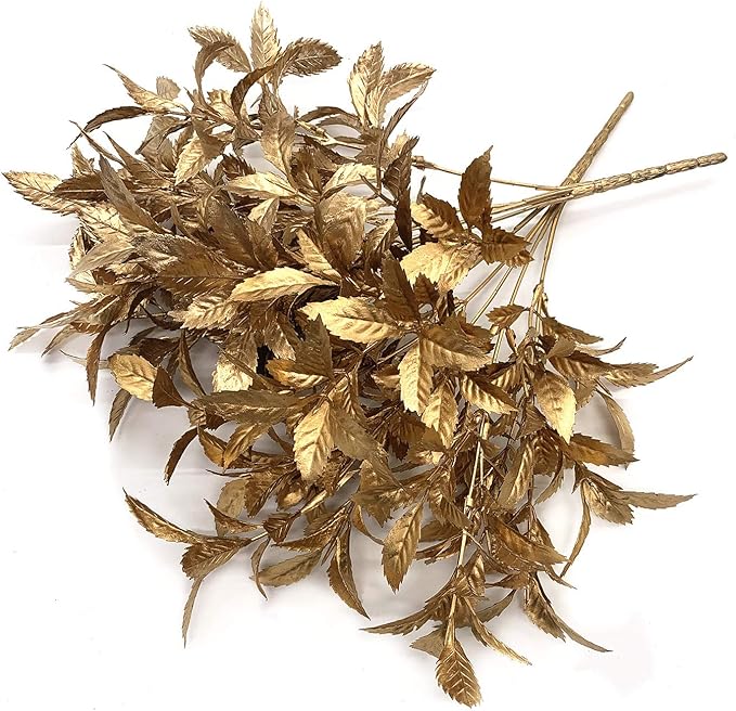 CATTREE Artificial Golden Plants for Christmas Decor, Fake Plastic Floral Faux Flowers Shrubs Simulation Bushes Indoor Outdoor Wedding Party Hall Office Table DIY Decoration - Gold Leaves 4 Pack