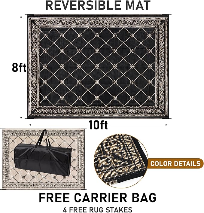 HiiARug Outdoor Rug 8'x10' for Patios Waterproof Patio Rugs Outdoor Mats for Front Porch,Beach Mat,Reversible Plastic Straw Camping Rugs for Outside RV,Deck,Balcony,Backyard，Black&Beige