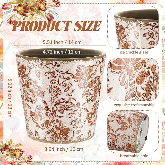 Farmhouse Ceramic Planter 5.5 Inch Large Plants Pot Crack Beige Brown Flowers Plant Pots with Drainage Hole Indoor Plants Kitchen Rustic Antique Decor Gift