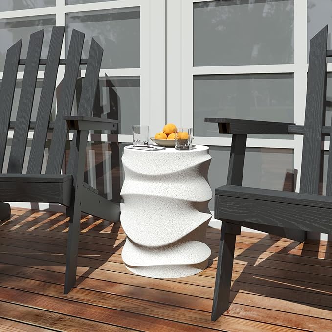 COSIEST Outdoor Side Table, 18''H Concrete Side Table for Patio, Streamlined Lightweight Accent Table, Decorative Patio Garden Stools, Plant Stand Drum Table, Round, Spotted White