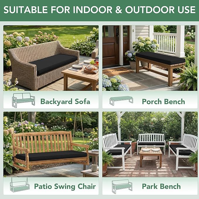 Outdoor Bench Cushion: Waterproof and Fade Resistant Patio Furniture Cushions - Non-Slip Bench Pad Cushion with Removable Cover for Garden Swing Porch Sofa Settee, 48 x 18 x 3 Inch, Black