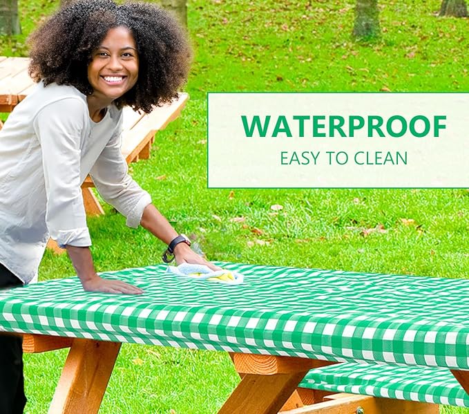LINPRO 6ft Picnic Table Cover with Bench Covers Vinyl Fitted Picnic Table Covers with Elastic Camping Essentials and Picnic Tablecloth and RV Accessories