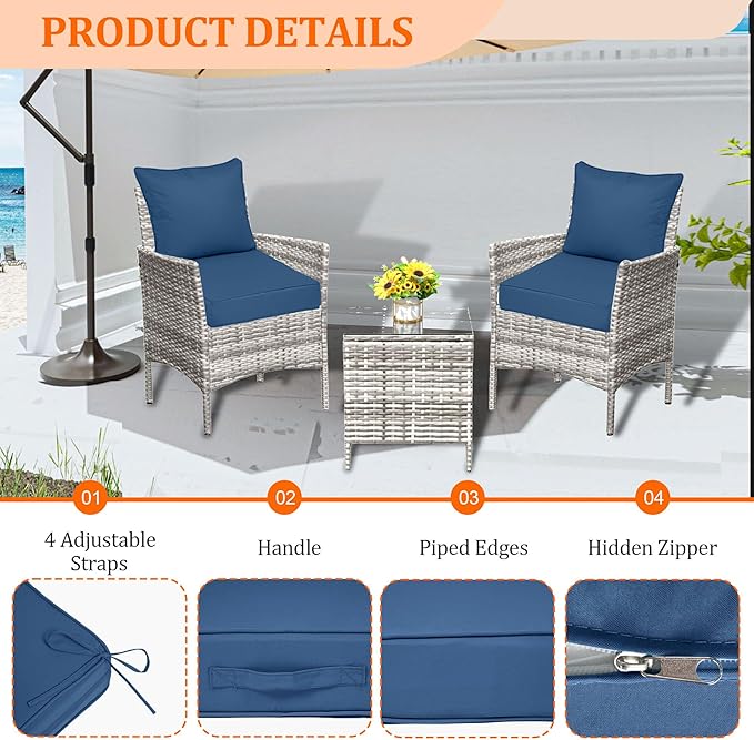 Outdoor Chair Cushions 3 Set,24 x 24 x 5IN, Patio Deep Seat Cushion for Patio Furniture, Waterproof & Fade Resistant Thick Deep Seating Pads for Outside Wicker Ratten Chair Sofa Couch,Dark Blue
