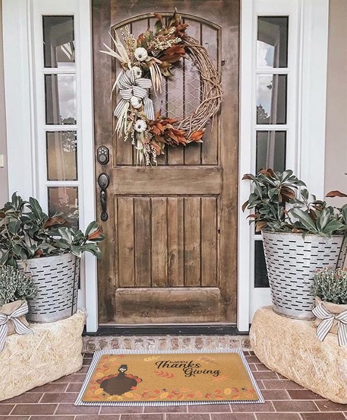 Thanksgiving Doormat Turkey Maple-Leaf for Front Door Indoor Outdoor Entrance Porch, Faux-Coir Non-Slip Dirt-Trapping Fall Decor Door Mat 17"x30"