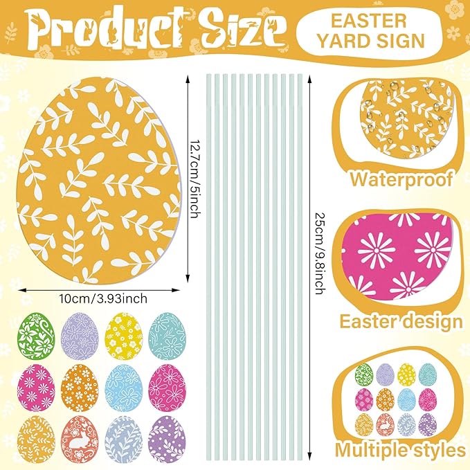 12 Pcs Colorful Easter Eggs Yard Signs with Stakes, Double Sided Easter Yard Stakes for Planter, Waterproof Cute Outdoor Decorations for Garden Lawn Patio Church Party Favor