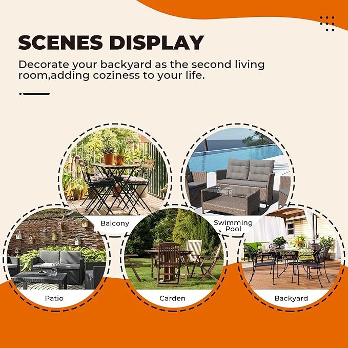 Wicker Chair Cushions, Waterproof Outdoor Loveseat Cushions for Patio Furniture, 3 Pieces Wicker Furniture Cushions, 1 Loveseat and 2 U-Shaped Cushions, Orange
