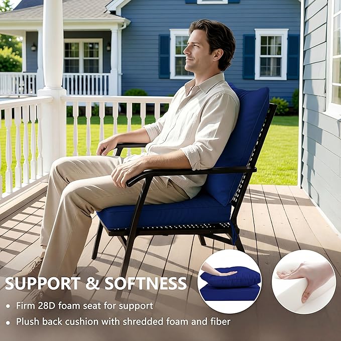 22x22 Inch Patio Chair Cushions Set of 2, Outdoor Furniture Cushions - Removable Cover, Water-Repellent, Fade-Resistant, Non-Slip Bottom & Straps, Replacement for Lawn, Porch & Deck Chair - Navy