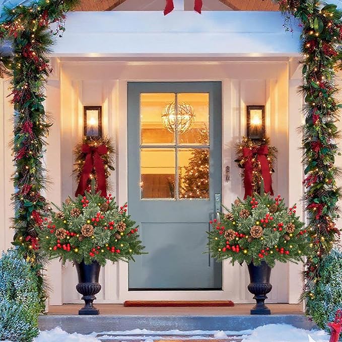 Waipfaru Outdoor Christmas Tree Urn Filler, Prelit Planter Bushes, 22 Inch Lighted Artificial Christmas Tree with Cones & Red Berries for Front Porch Pot Filler Planter Christmas Decorations, 2 Pack