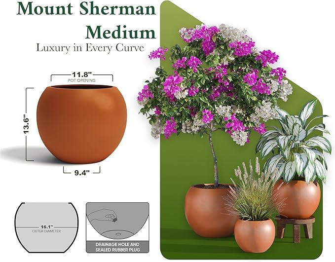DTY Mount Sherman 16.1'' D x 13.6'' H (Pot Opening 11.8") Fiberstone Round Planter with Drainage Hole, Smooth Finishes, Weather Resistant for Indoor and Outdoor, 2 Extra Coco Mats - Terracotta, Medium
