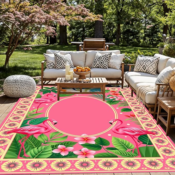 Flamingo Themed Patio Rug Double Layer Flower Border Design Outside Carpet 10x12 Green Pink Floral Waterproof Indoor Outdoor Rugs for Porch Balcony Deck Garden RV Camping Living Room Bedroom