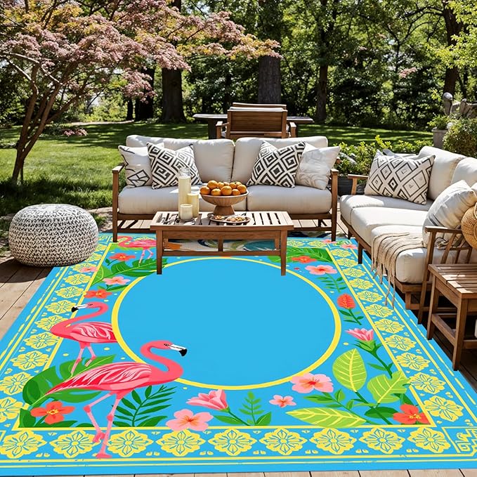Tropical Floral Flamingo Border Pattern Outdoor Rug for Patio Porch Balcony Deck Garden Washable Waterproof Green Blue Gold Pink 5x7 Outside Carpet Soft Non-Slip Durable RV Camping Pool Mat