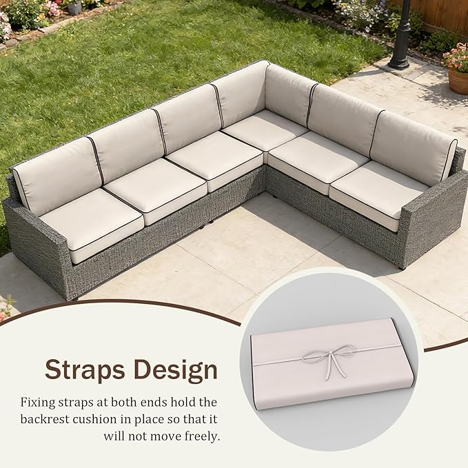 14 Pcs Outdoor Replacement Cushions for Patio Furniture, All Weather Water Resistant Cushion for 6 Seat Rattan Wicker Sectional Patio Conversation Sets and Couch (Cream+Black Piping)