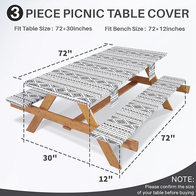 Picnic Table Cover with Bench Covers Non Slip Waterproof Vinyl Tablecloth for 6 Foot Rectangle Tables Family Gardening Needs Camping Rv Roadtrip Items for Tent Camper Useful Gift for Woman Man
