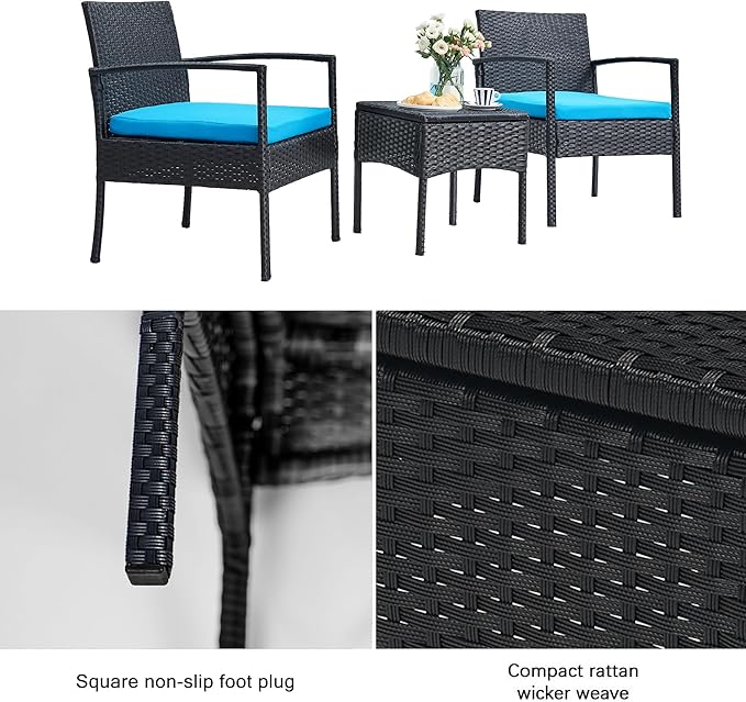 PROHIKER Patio Porch Furniture Set, 3 PCS Outdoor Patio Furniture with Rattan Chairs, Table, Blue Cushions for Garden Porch Balcony Yard