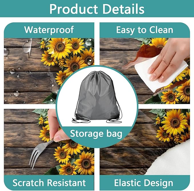 Picnic Table Cover with Bench Covers Wood Sunflower Elastic Outdoor Tablecloth Camping Essentials Waterproof Windproof Camping Tablecloth with Drawstring Bag, Fitted Rectangle Tables Seats 96X30in