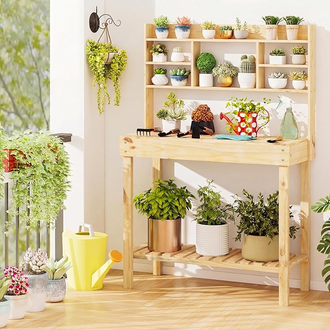 Giantex Potting Bench, Outside Solid Wood Potting Table with Flip-up Tabletop, Shelves, Indoor Outdoor Wooden Workbench for Patio Porch Balcony, Potted Plant Display Rack, 42"x18"x60", Natural