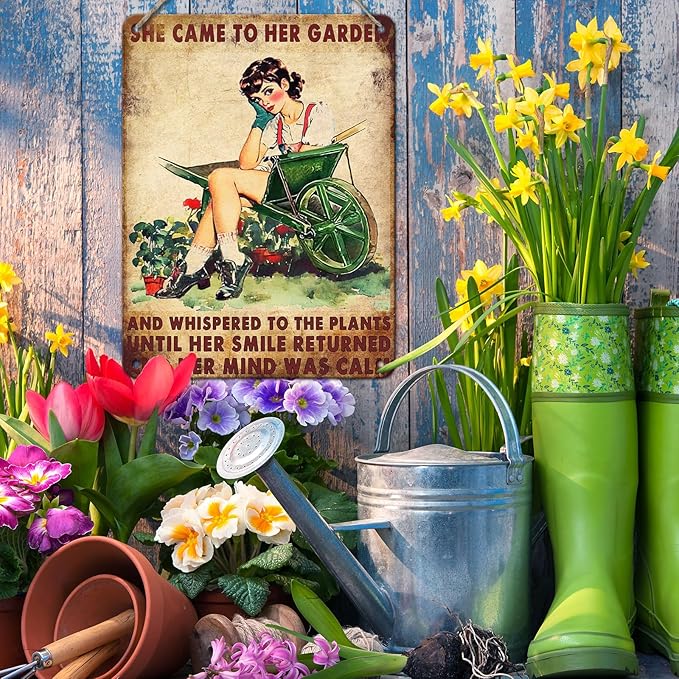 PEACHGARDEN Garden Metal Tin Sign She Came to Her Garden and Whispered To The Plants Vintage Tin Sign for Patio Porch Home Women Cave and Yard Wall Decor 12x16inch