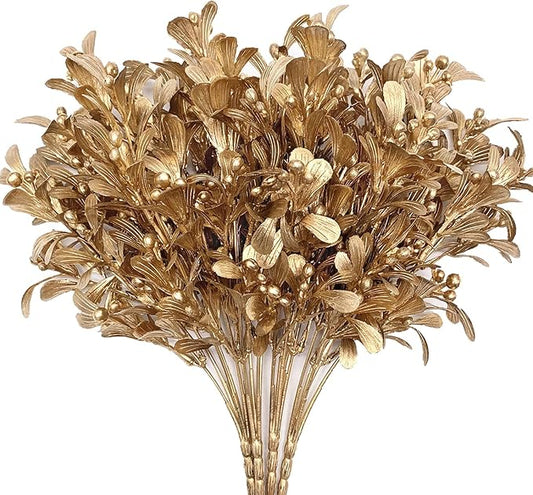Artificial Flowers Christmas Decor, Golden Leaves Branches Plants Fake Berry Grass for Wedding Bridal Bouquet Party Indoor DIY Home Office Table Centerpieces Arrangements Decoration - Gold 4 Pack